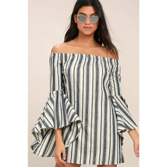 Lulu's Along the Tides Navy Blue Striped Off the Shoulder Boho Dress Size Medium - Picture 1 of 11